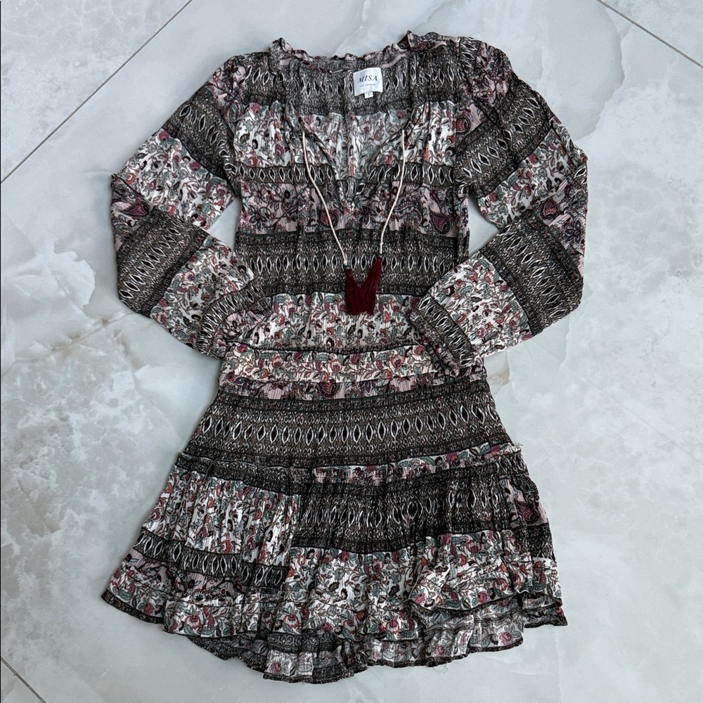 Misa Los Angeles Black and Pink Long Sleeve Dress